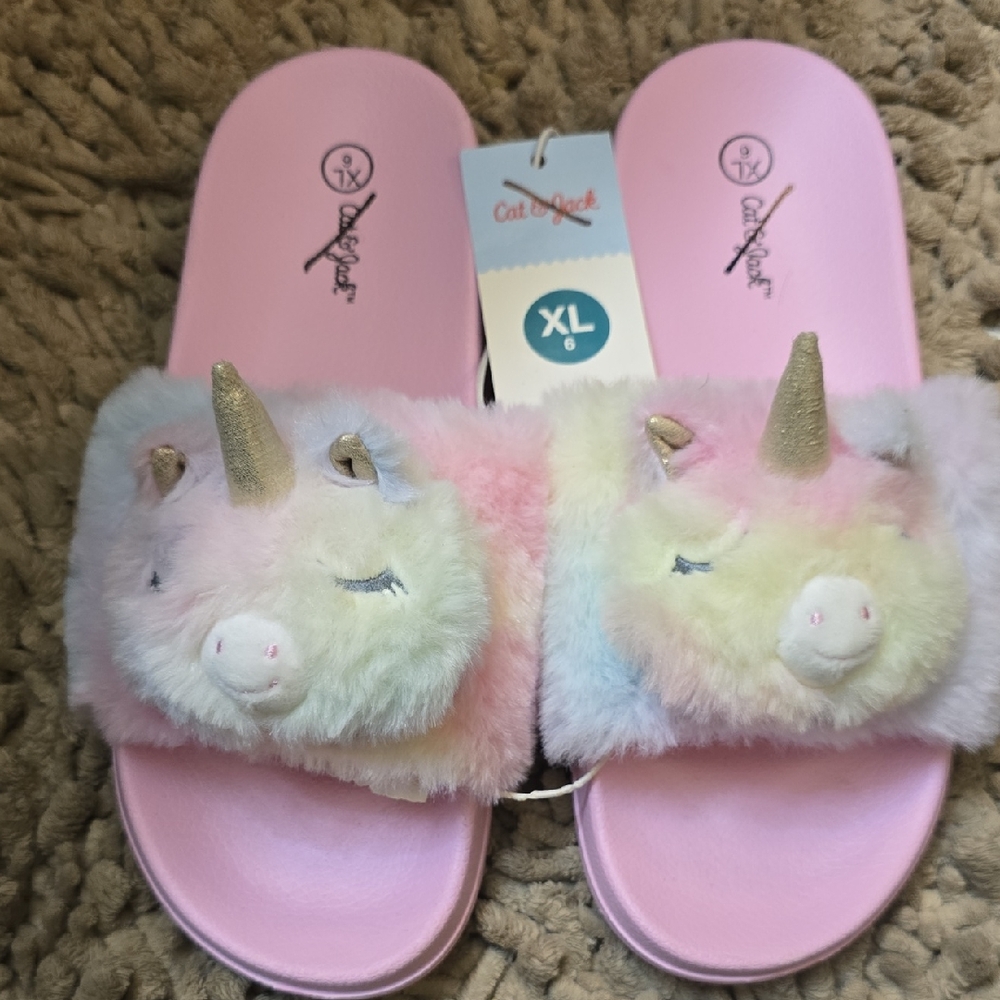 New Cat & Jack Pink Unicorn Big Kids XL Size 6 Slide Slipper Shoes